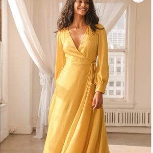 Lulus yellow satin button sleeve wrap dress